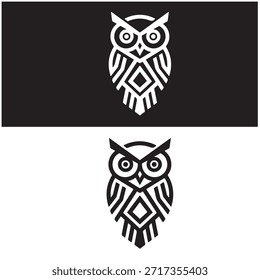Stylized owl logo, symmetrical front-facing owl with large circular eyes, sharp angular shapes, minimalist vector design, smooth bold outlines, modern geometric logo style, black and white only, high contrast, flat design, clean white background, professional branding mark.