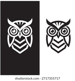 Logotipo de búho estilizado, búho frontal simétrico con ojos circulares Grandes, Formas angulares afiladas, diseño minimalista de Vector, contornos suaves y audaces, estilo de logotipo geométrico moderno, solo en blanco y negro, alto contraste, diseño plano, fondo blanco limpio, marca profesional.