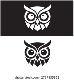 Logotipo de búho estilizado, búho frontal simétrico con ojos circulares Grandes, Formas angulares afiladas, diseño minimalista de Vector, contornos suaves y audaces, estilo de logotipo geométrico moderno, solo en blanco y negro, alto contraste, diseño plano, fondo blanco limpio, marca profesional.