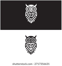 Logotipo de búho estilizado, búho frontal simétrico con ojos circulares Grandes, Formas angulares afiladas, diseño minimalista de Vector, contornos suaves y audaces, estilo de logotipo geométrico moderno, solo en blanco y negro, alto contraste, diseño plano, fondo blanco limpio, marca profesional.