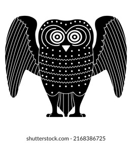 Stylized owl with open wings. Ethnic ancient Greek animal design. Black and white negative silhouette. Isolated vector illustration.