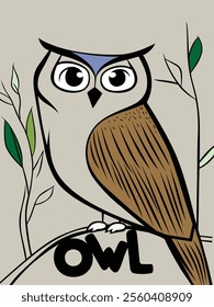 Stylized owl perched on a branch with simple line art and natural tones in a modern nature illustration
