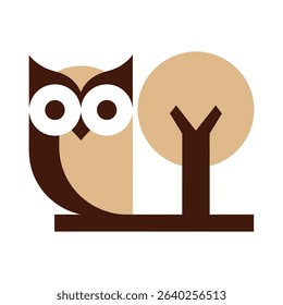 Stylized owl perched on a branch, simple geometric shapes, light brown and dark brown colors.