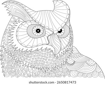 Stylized owl portrait with elaborate patterns, a mystical nocturnal bird design for coloring pages and artistic applications.