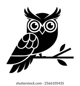 Stylized Owl Silhouette: Black-white owl on a branch with bold lines and large eyes. Perfect for logos, educational materials, and designs. Download EPS now!