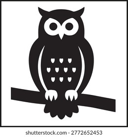 Stylized owl silhouette perched on branch with large eyes pointed ears and bold geometric presence