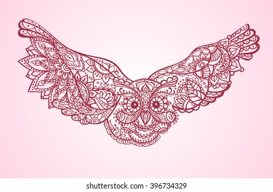 Stylized owl with spread wings in the eastern ethnic patterns