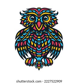 Stylized owl with unusual pattern. Multicolored bird isolated on white background. Pink, red, yellow, blue colors. Company logo, mascot, icon, cartoon character with decorative ornament. Vector image.