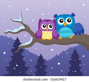 Stylized owls on branch theme image 1 - eps10 vector illustration.
