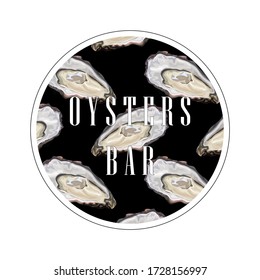 Stylized oysters on a black background. Trendy seafood. Oyster shell. Banner, poster, wrapping paper, sticker, print, modern textile design. Vector illustration. 