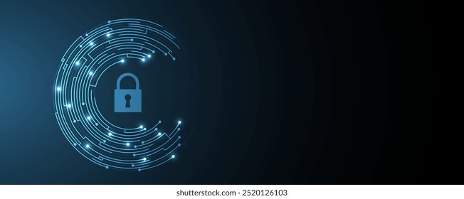 A stylized padlock sits prominently in the center of a digital matrix, representing secure access. The background is a sleek, dark gradient with geometric patterns