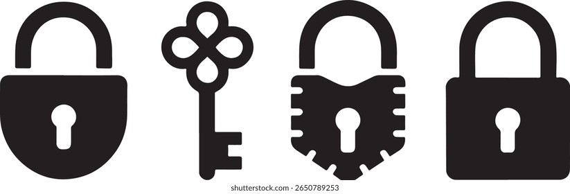 Stylized Padlocks and an Ornate Key Depicting Security and Access in a Minimalist Black and White Design