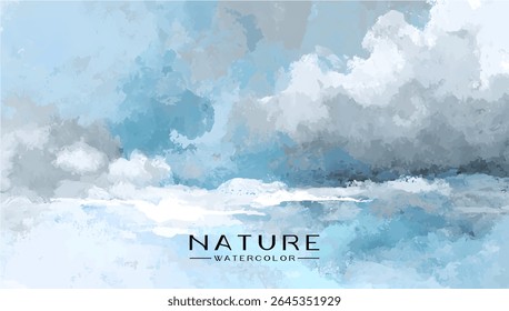 A stylized, painted depiction of a cloudy sky and horizon.