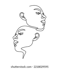 stylized pair portrait of two boys in a minimalist style, the silhouette of male faces drawn in one continuous line, lovers of a gay, couple of friends