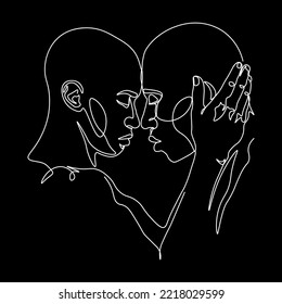 stylized pair portrait of two boys in a minimalist style, the silhouette of male faces drawn in one continuous line, lovers of a gay, couple of friends