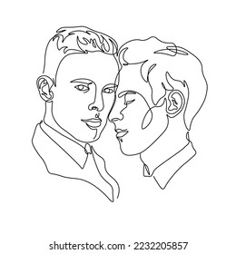 stylized pair portrait of two boys in a minimalist style, the silhouette of male faces drawn in one continuous line, lovers of a gay, couple of friends