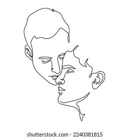 stylized pair portrait of two boys in a minimalist style, the silhouette of male faces drawn in one continuous line, lovers of a gay, couple of friends