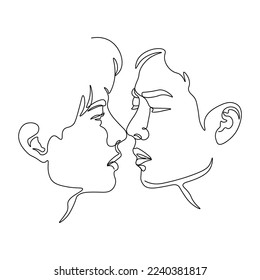 stylized pair portrait of two boys in a minimalist style, the silhouette of male faces drawn in one continuous line, lovers of a gay, couple of friends