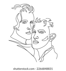 retrato estilizado de dos chicos en un estilo minimalista, la silueta de caras masculinas dibujada en una línea continua, amantes de un gay, un par de amigos