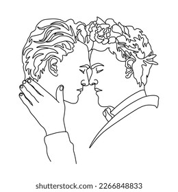 stylized pair portrait of two boys in a minimalist style, the silhouette of male faces drawn in one continuous line, lovers of a gay, couple of friends