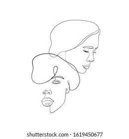 stylized pair portrait of two girls in a minimalist style, the silhouette of female faces drawn in one continuous line, lovers of a gay, couple of friends