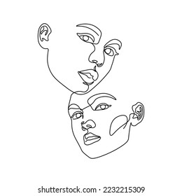 stylized pair portrait of two people in a minimalist style, the silhouette of faces drawn in one continuous line, lovers, couple of friends
