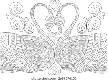 Par estilizado de cisnes românticos criando um coração, arte detalhada inspirada em Zentangle para coloração criativa, atenção plena e meditação.