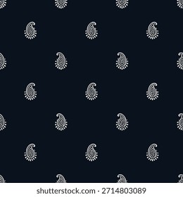 Stylized paisley drops repeat on dark textile surface with symmetry