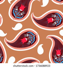 Stylized paisley with tulips vector seamless pattern for decoration, wrapping paper, textile.