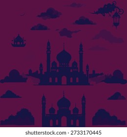 A stylized palace with domes and minarets under a crescent moon, surrounded by clouds and a flying carpet, blending cultural heritage with fantasy in a rich maroon night sky.