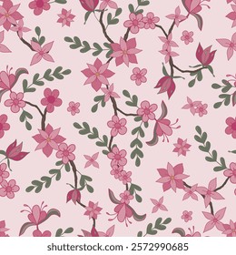 Stylized Pale Rose and Fuchsia and Pastel Carnation Pink Flowers on Trailing Vines on Baby Pink Background creating a seamless pattern print background