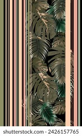 Stylized palm leaves on blue striped background, raster image