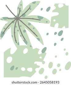 A stylized palm tree with abstract shapes and dots in a flat style. The composition includes organic forms and scattered elements. Cartoon vector illustration.