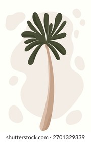 Palmeira estilizada com folhas verde-escuras e tronco marrom-claro sobre fundo abstrato bege