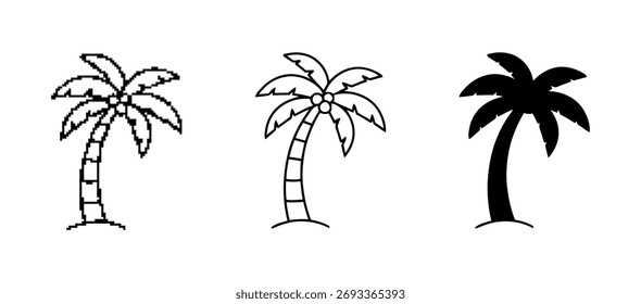 Stilisierte Palmenbaum-Symbole in Pixel-, Linien- und Silhouettenstilen auf Weiß