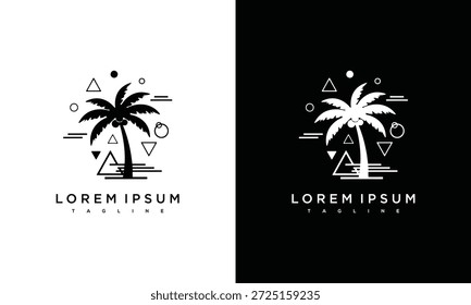 Stylized palm tree illustrations on contrasting white and black backgrounds with geometric shapes and placeholder text