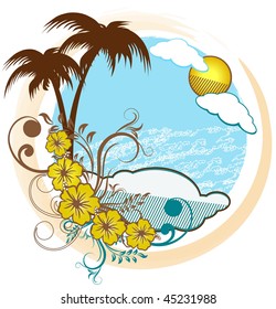 Stylized palm trees & flowers , text frame