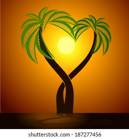 Stylized palm trees at sunset. Vector