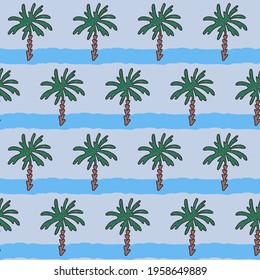 stylized palms on light blue background with wavy darker blue stripe. Simple seamless vector pattern with holiday feeling.