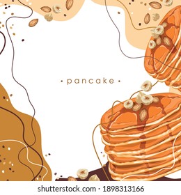 Crepes estilizadas sobre un fondo abstracto. Panqueque con avellana y miel. Postales, banner, afiche, pegatina, impresos, materiales publicitarios. Ilustración vectorial.