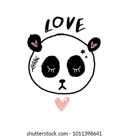 Stylized panda bear and love sign. Wildlife print, toy, heart, love art. Vector, clip art, clothes print.