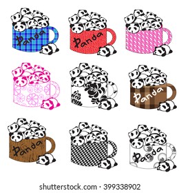 stylized panda in a cup in different colors
