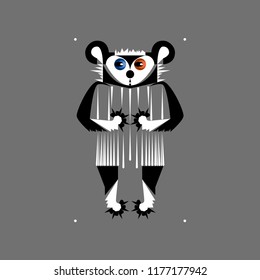 Stylized panda with large multi-colored eyes.