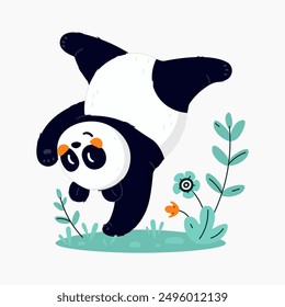 The stylized panda stands on one paw and performs a sports trick on the grass with flowers