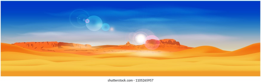Stylized panorama of the desert against the background of the rocky mountains. Seamless horizontally if needed