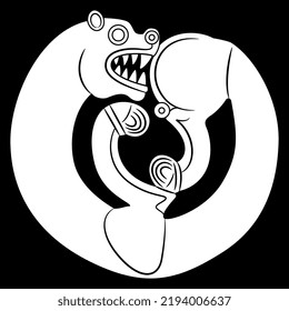 Stylized panther. Round animal design. Scythian style. Maykop culture. Arzhan kurgan. Black and white silhouette.
