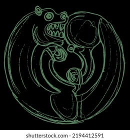 Stylized panther. Round animal design. Scythian style. Maykop culture. Arzhan kurgan. Hand drawn linear doodle rough sketch. Green silhouette on black background.