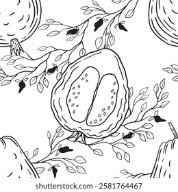 Stylized Papaya and Leafy Pattern Design featuring vibrant colors and intricate details