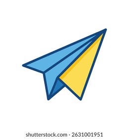 Un icono de avión de papel estilizado en estilo de diseño plano, combinando colores azul y amarillo, aislado sobre fondo blanco.
