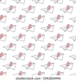 Stylized paper airplanes with red address signs inside are flying forward up, seamless pattern, repeated background. Concept of sending email, communication via email, business correspondence